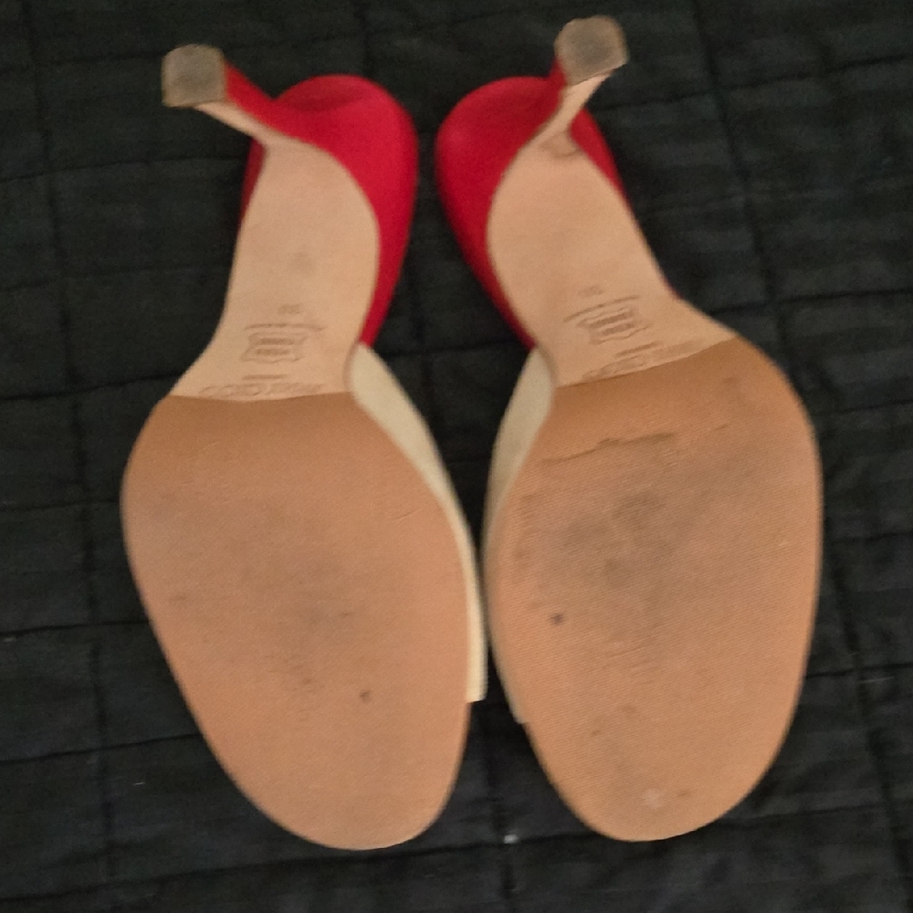 Jimmy Choo Red And Tan Mules With Shell Accents - image 8